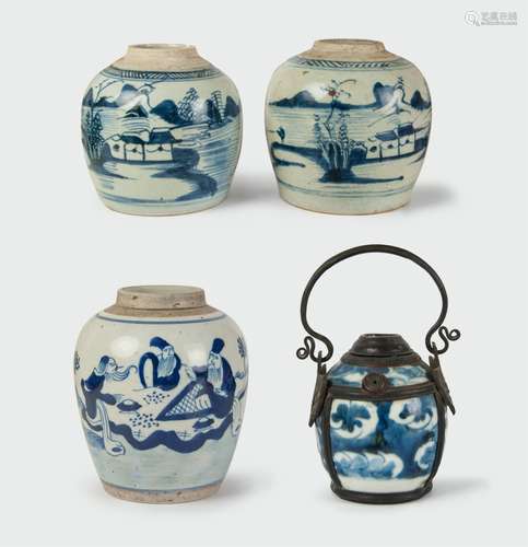 GROUP OF BLUE AND WHITE PORCELAIN AND OPIUM LAMP