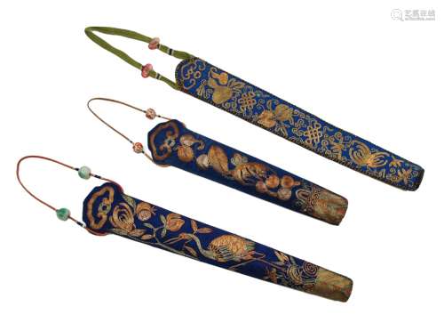 GROUP OF THREE EMBROIDERED CHINESE FAN CASES