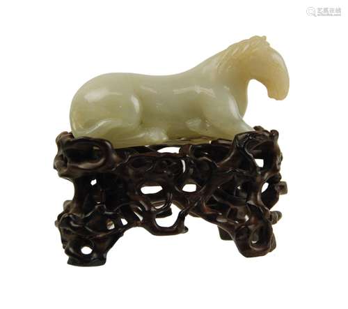 CARVED JADE HORSE ON WOOD BASE