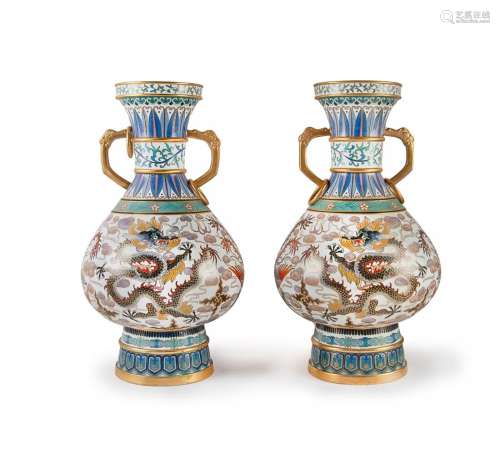 PAIR OF CHINESE CLOISONNE DRAGON VASES