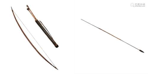 AFRICAN WOOD METAL SPEAR, BOW ARROWS AND QUIVER