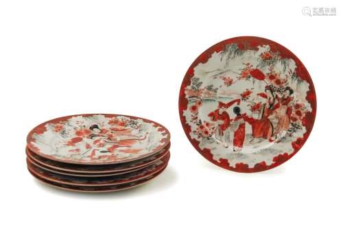 SIX CHINESE IRON RED FIGURAL PLATES