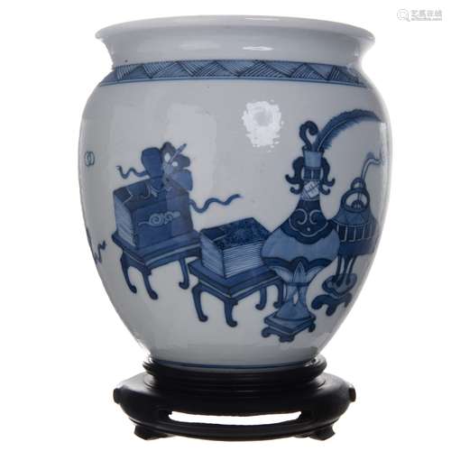 BLUE AND WHITE JAR ON STAND