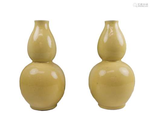 PAIR OF YELLOW GLAZED DOUBLE GOURD VASES