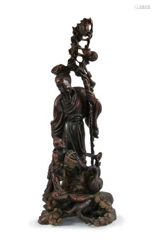 A LARGE WOOD CARVED FIGURE OF LONGEVITY STAR