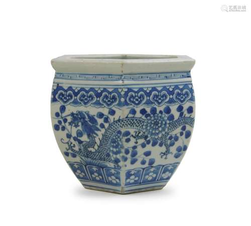 BLUE AND WHITE HEXAGONAL POT