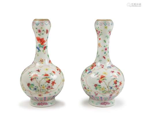 PAIR OF GARLIC MOUTH FAMILLE ROSE VASES