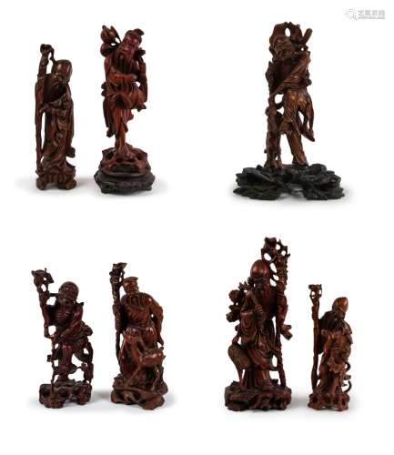 GROUP OF EIGHT CHINESE WOOD CARVED FIGURES