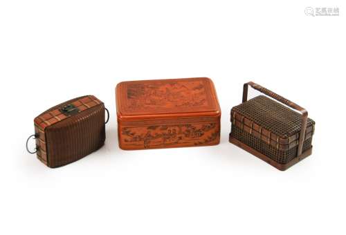 THREE BAMBOO WEAVE BOXES AND CARVED BOXES