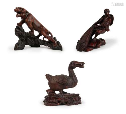 GROUP OF THREE CHINESE WOOD CARVED FIGURES