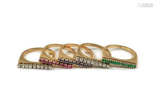 14K DIAMOND & MULTI-COLORED GEM RING SET OF FIVE