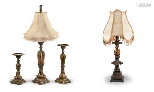 SET OF FOUR LAMP AND CANDLESTICKS