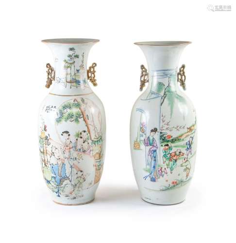 PAIR OF FAMILLE ROSE FIGURE PATTERN VASES