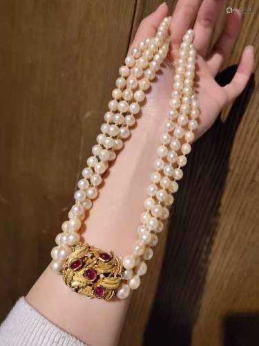 1980年超美红宝石大金扣，精美Akoya红宝石珍珠项链，18k金扣头