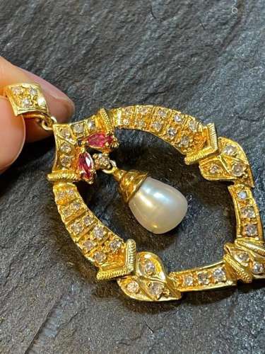 80年，18k金红宝石钻石镶嵌珍珠吊坠