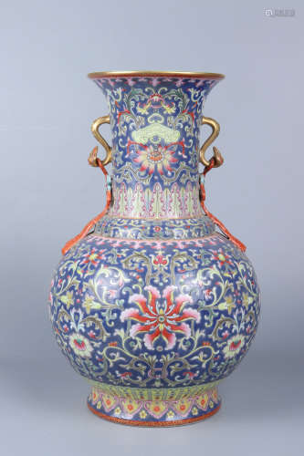 Chinese Qing Dynasty Qianlong Blue Ground Ruyi Porcelain Bot...
