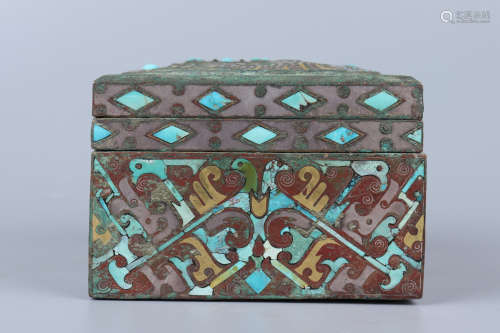 Chinese Bronze Gold Painted Cover Box Inlaid With Turquoise