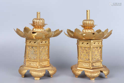 Chinese Pair Of Bronze Gold Gilded Lampstands