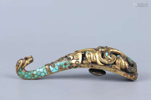 Chinese Gold Gilded Hook Inlaid With Turquoise
