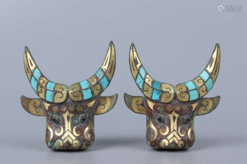 Chinese Pair Of Bronze Gold Painted Handles