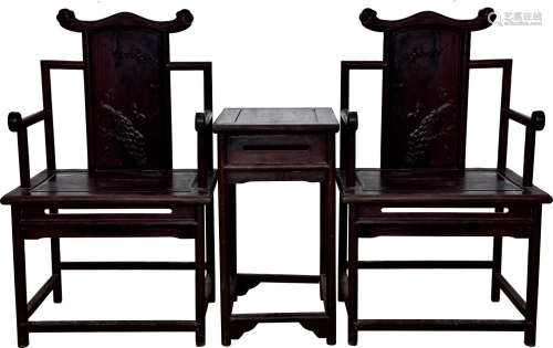 红木雕花鸟如意椅  2椅1几