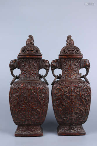 Chinese Pair Of Agarwood Carved Bottles