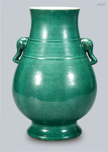 孔雀绿釉双象耳瓶