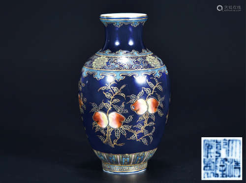 霁蓝釉粉彩描金三多图瓶 早期购于上海拍卖公司