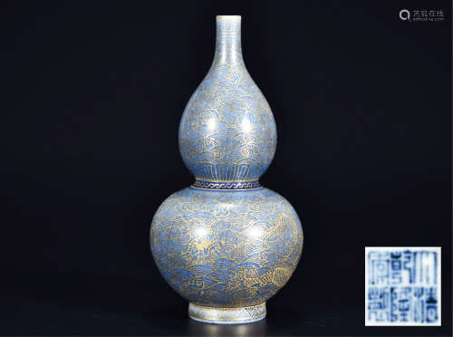 天青釉描金龙纹葫芦瓶  早期购于国内知名拍卖公司