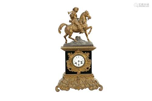 A FRENCH GILT SPELTER AND EBONISED WOOD MANTEL CLOCK, 19TH C...