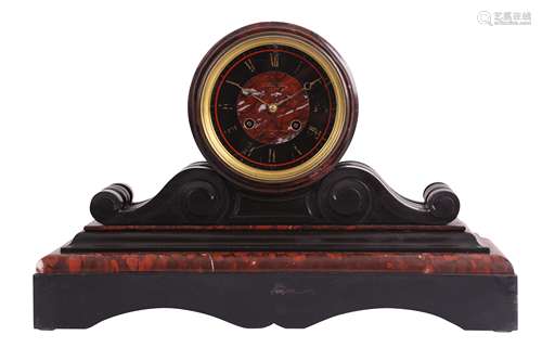 A FRENCH BLACK AND RED MARBLE MANTEL CLOCK BY LEROY AND FILS...