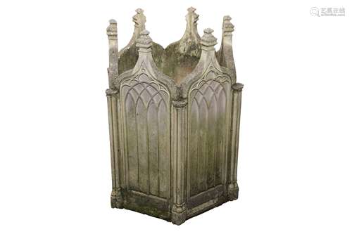 A PAIR OF RECONSTITUTED STONE GOTHIC TASTE HEXAGONAL PLANTER...