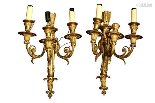 A PAIR OF THREE LIGHT GILT BRONZE WALL LIGHTS, IN THE LOUIS ...