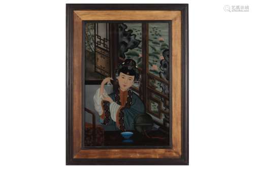A CHINESE PAINTING OF A LADY WEARING A PEARL STRUNG HAT, LAT...