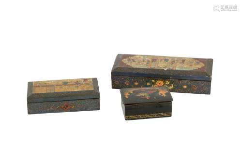 TWO IRANIAN AND A RUSSIAN POLYCHROME-PAINTED AND LACQUERED L...