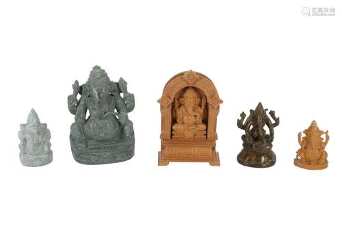 A GROUP OF FIVE DEVOTIONAL STATUETTES OF LORD GANESHA