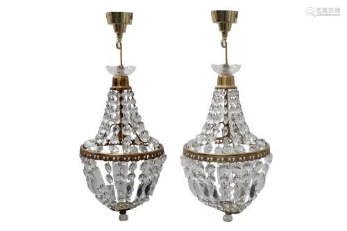 A PAIR OF GLASS AND GILT METAL SINGLE LIGHT CEILING LIGHTS, ...