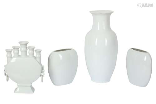 A PAIR OF WHITE BLANC-DE CHINE FLAT FORM VASES, 20TH CENTURY