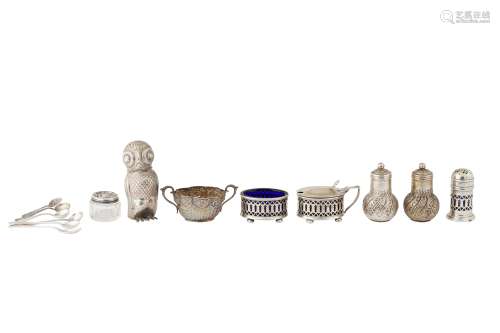 A GROUP OF STERLING SILVER CRUETS AND SPOONS