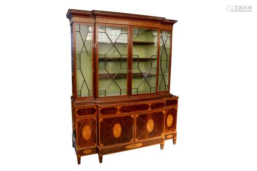 A GEORGE III AND LATER MAHOGANY AND SATINWOOD BREAKFRONT BOO...