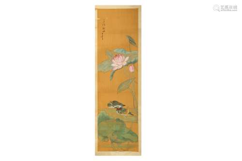 FOUR CHINESE HANGING SCROLL PAINTINGS DEPICTING BIRDS AND FL...