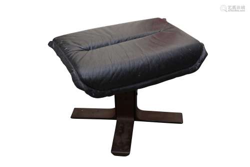 A STAINED BEECH AND BLACK LEATHER FOOT STOOL