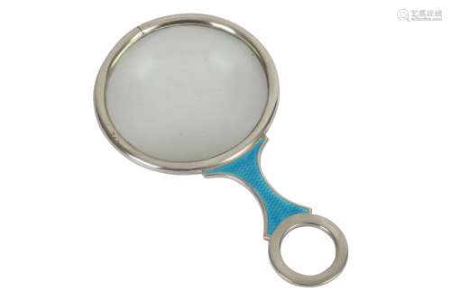 A STERLING SILVER AND BLUE GUILLOCHE ENAMEL MAGNIFYING GLASS