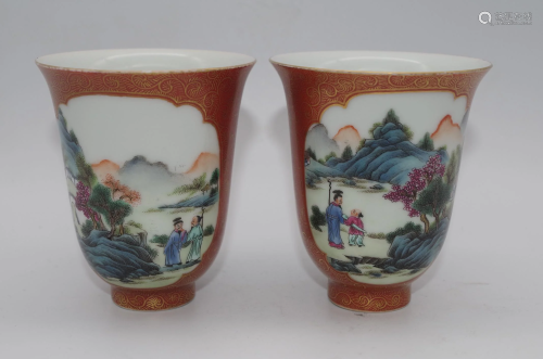 A PAIR OF CORAL RED GLAZE PORCELAIN CUPS
