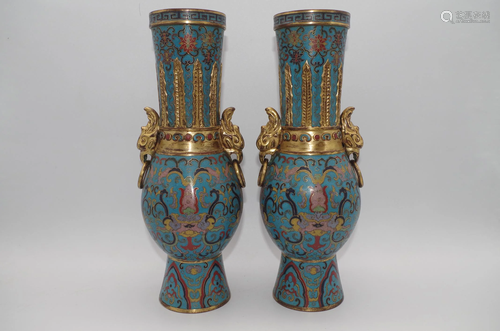 A PAIR OF VINTAGE BRONZE CLOISONNE OR ENAMEL VASES