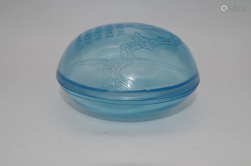 A TRANSLUCENT ROUND BLUE GLASS LIDDED BOX; NICE