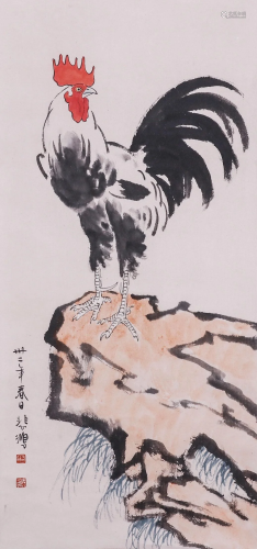 A CHINESE VERTICAL ROOSTER PAINTING SCROLL