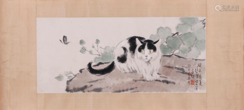 A CHINESE VERTICAL CAT PAINTING SCROLL