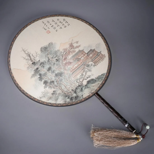 A CHINESE PAINTED FAN LANDSCAPE PAINTING