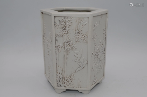 A SQUARE WHITE GLAZE CARVED PORCELAIN BRUSH HOLDER